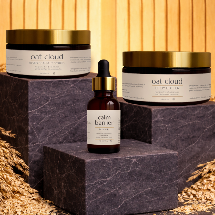 Calm & Cloud Barrier Bundle | Oat Cloud Butter, Dead Sea Salt Scrub + Calm Barrier Oil